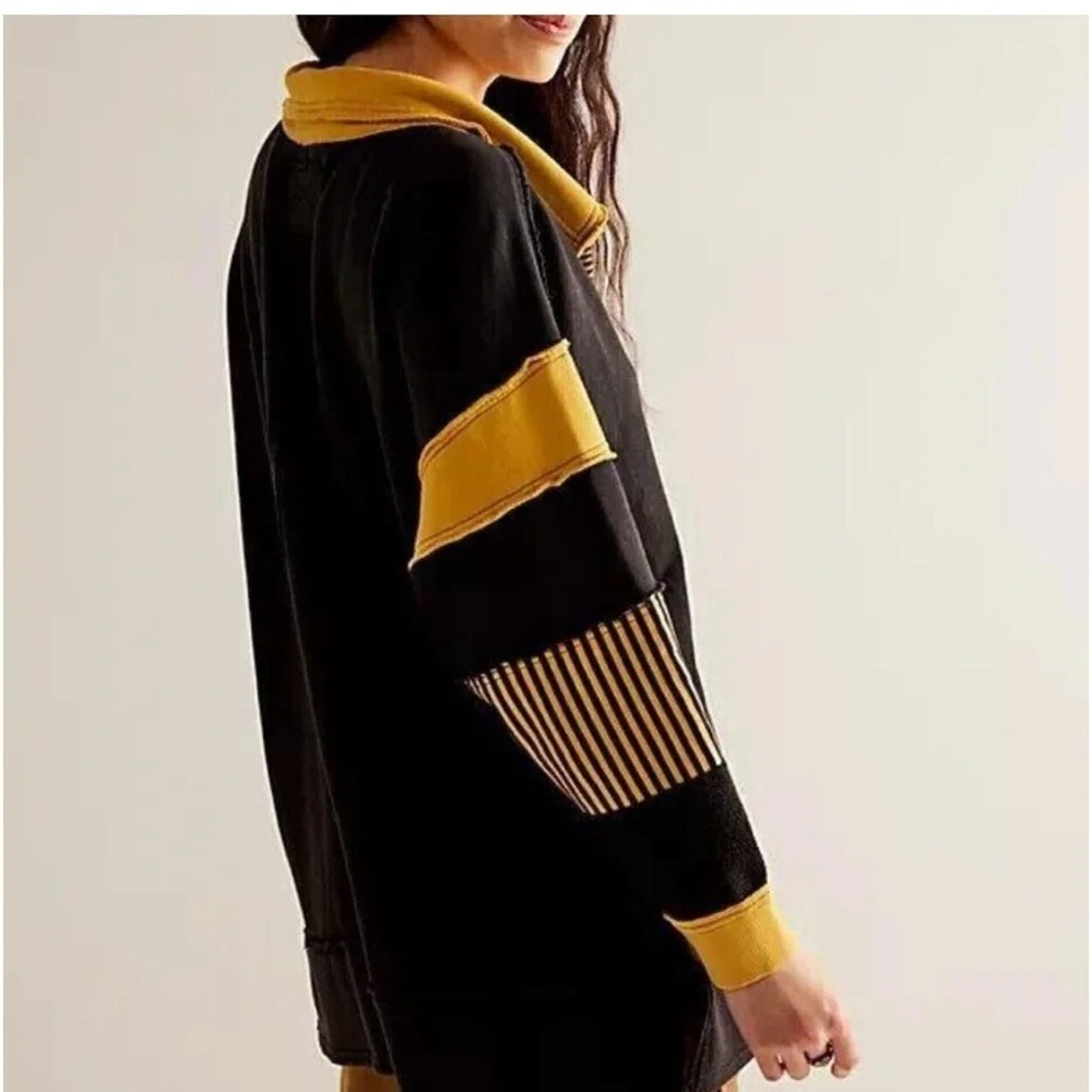 Free People Clean Prep Polo Pullover Top Oversized Striped Size Medium NWT